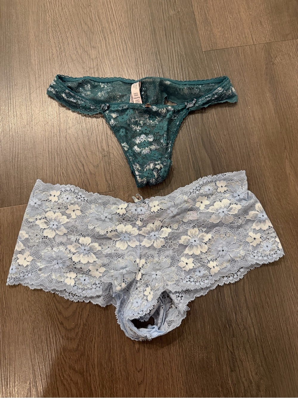 Victoria's Secret Teal Lace Thong & Light Blue Floral Lace Boyshort Set
